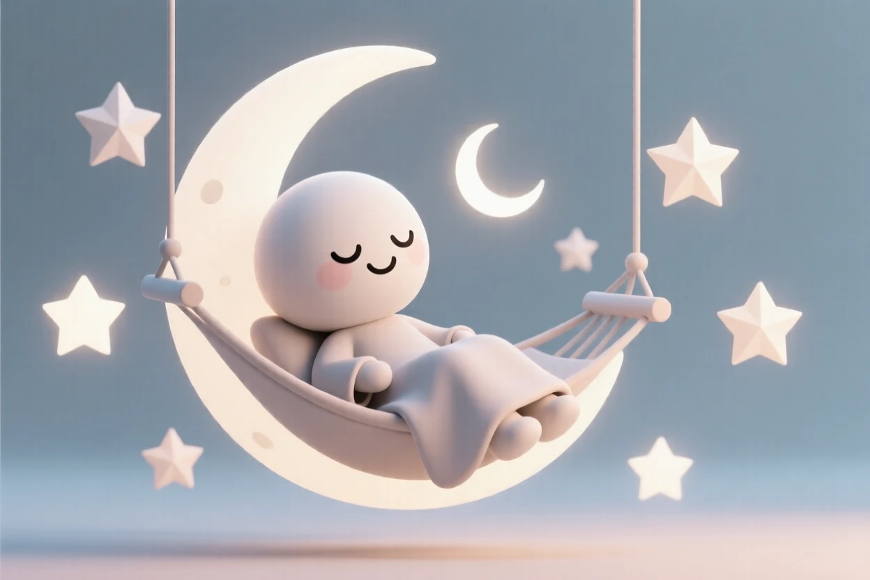 A cheerful moon spirit rocks gently in a crescent-shaped hammock, stars twinkling all around her cozy perch.
