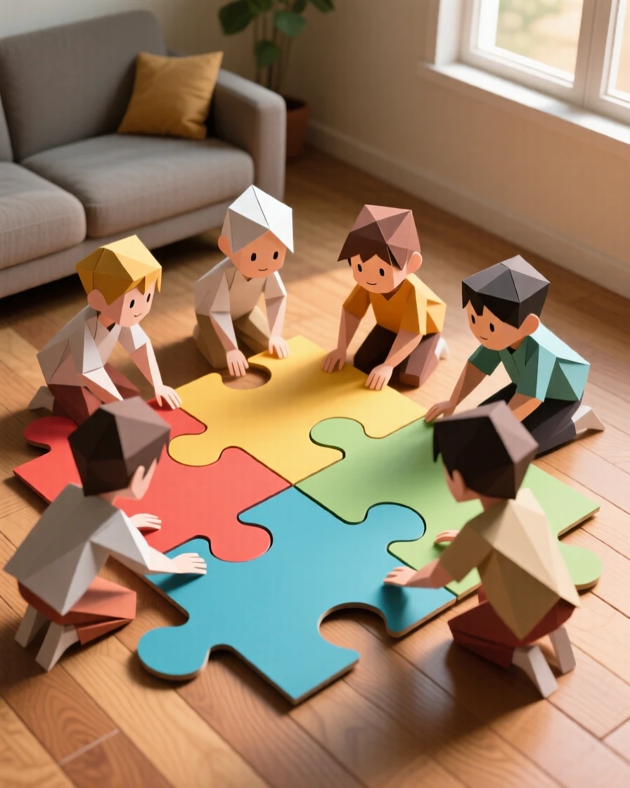 A group of children putting together a giant jigsaw puzzle on the living room floor.