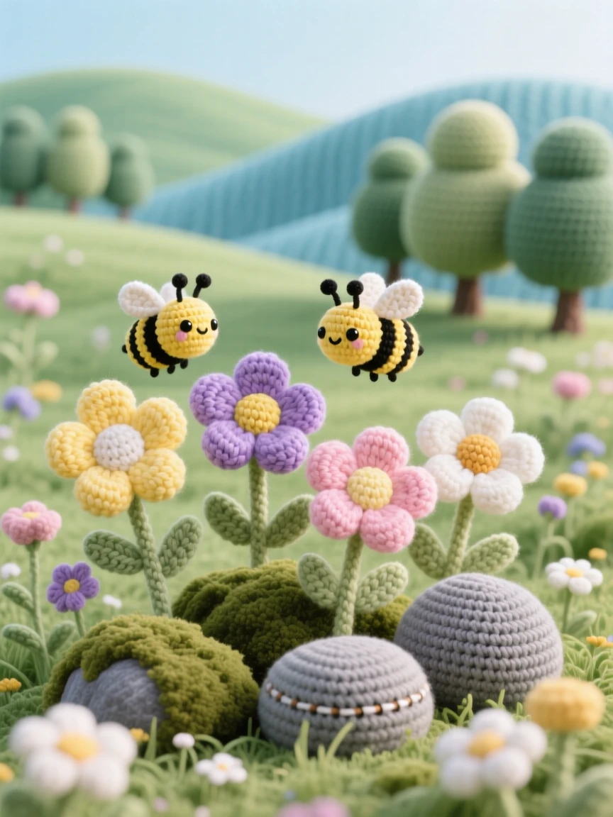 a quiet meadow of wildflowers, buzzing gently with bees, stretching toward a distant treeline framed by distant rolling hills; a cluster of soft mossy rocks completes the scene, full of quiet wonder at the wild world.