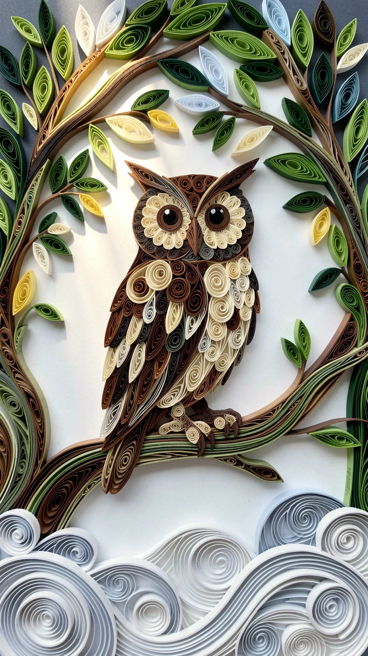 an owl perched silently on a moonlit branch, amid dappled light filtering through a leafy canopy, framed through a natural archway of branches, with mist rolling low across the ground.