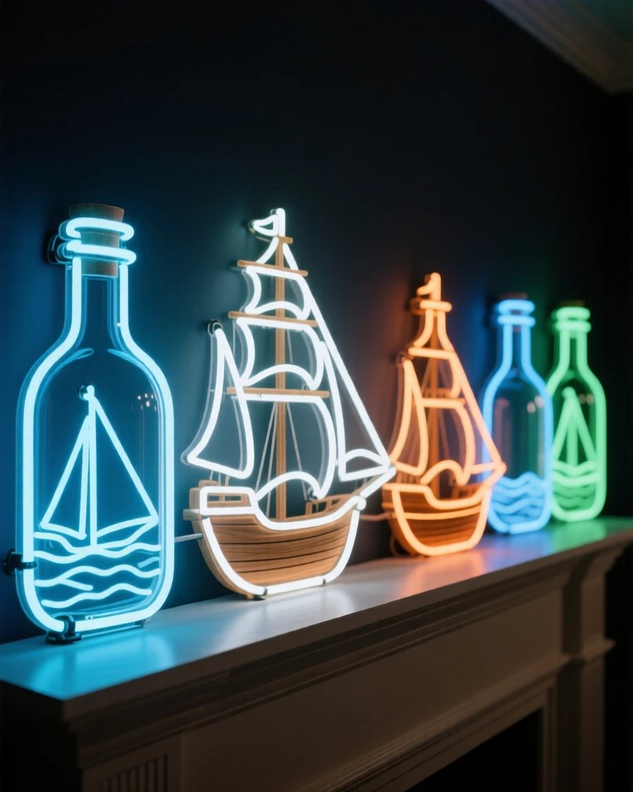 A row of ship-in-a-bottle models displayed on a mantel.