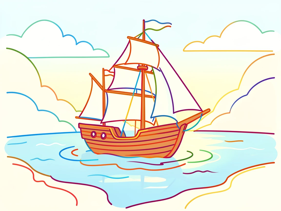 A wooden sailing ship anchored in a quiet cove at dawn.
