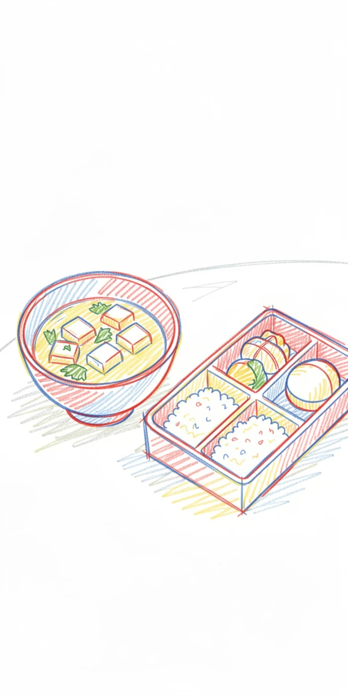 A bowl of miso soup with tofu and seaweed beside a bento box