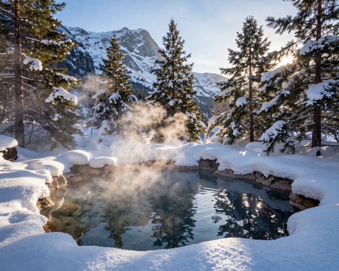 A hot spring surrounded by snow in a mountain valley