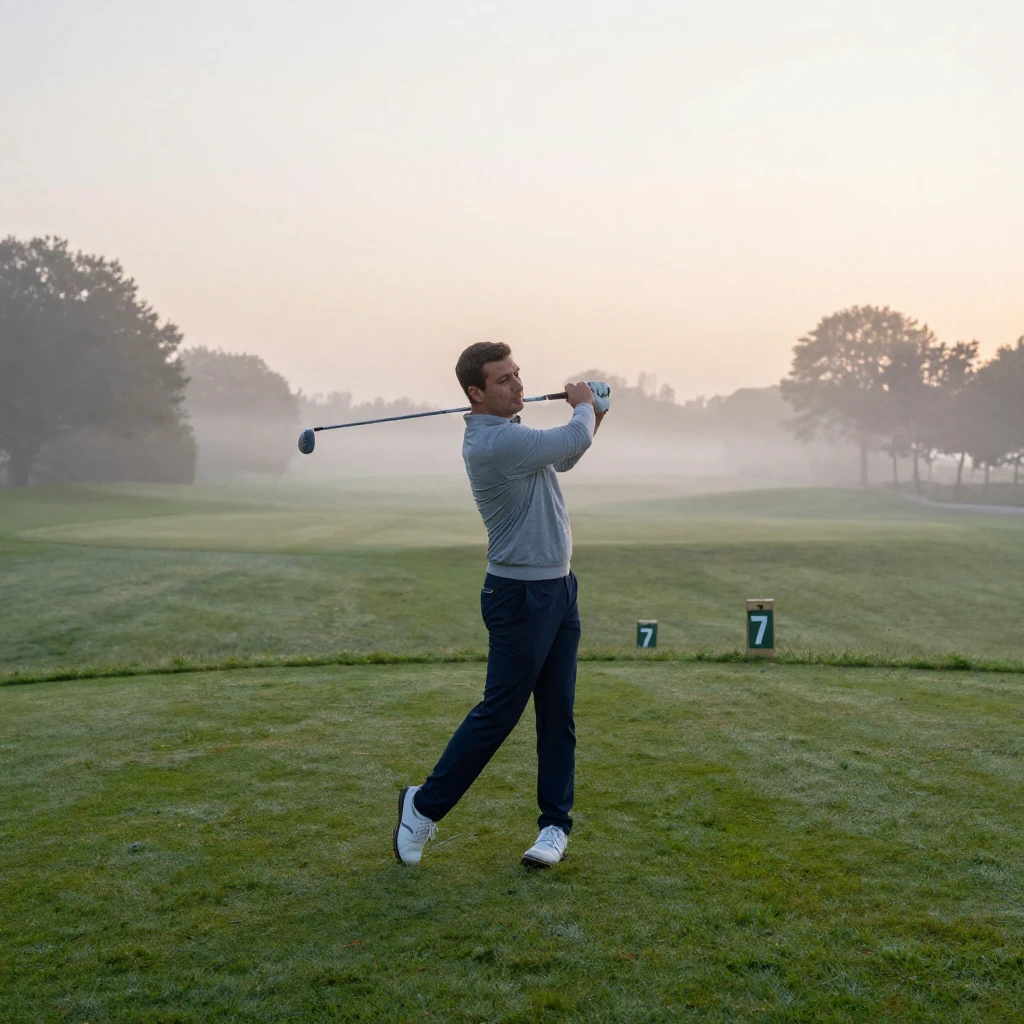 A man practices a golf swing alone on a foggy course at dawn.