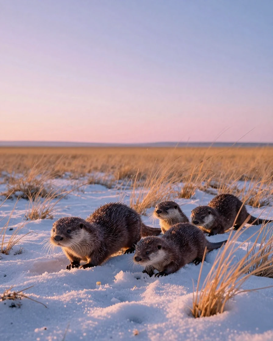 A family of otters foraging quietly through fresh snow across an open golden savanna