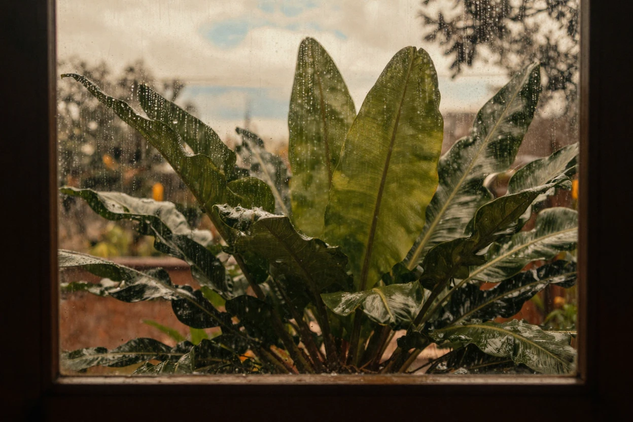 Sunlight filtering through the broad leaves of a tropical plant, in gentle diffused daylight, just after a rain shower, with puddles reflecting the sky, as summer fades into fall, with muted olive and rust colors, through a rain-streaked window.