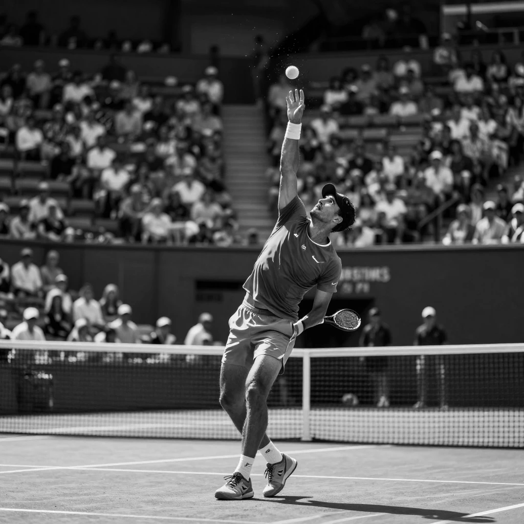 A tennis player serves an ace at match point at a championship court.