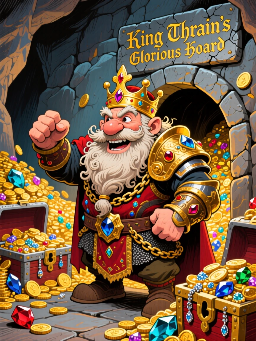 A dwarven king surveying his glittering underground treasure vault with pride.