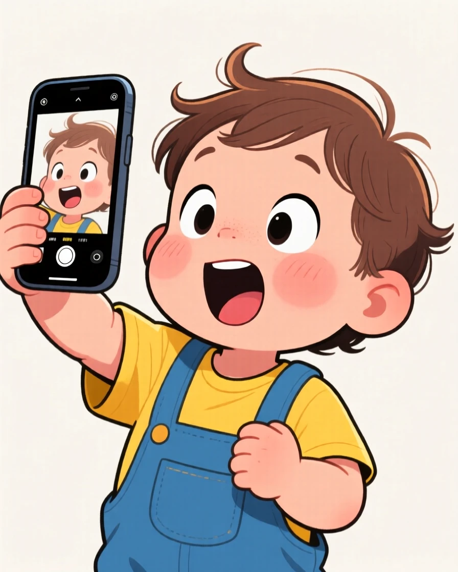 A funny expressive moment showing a toddler attempting a selfie that goes hilariously wrong, with wide eyes and an open-mouthed grin.