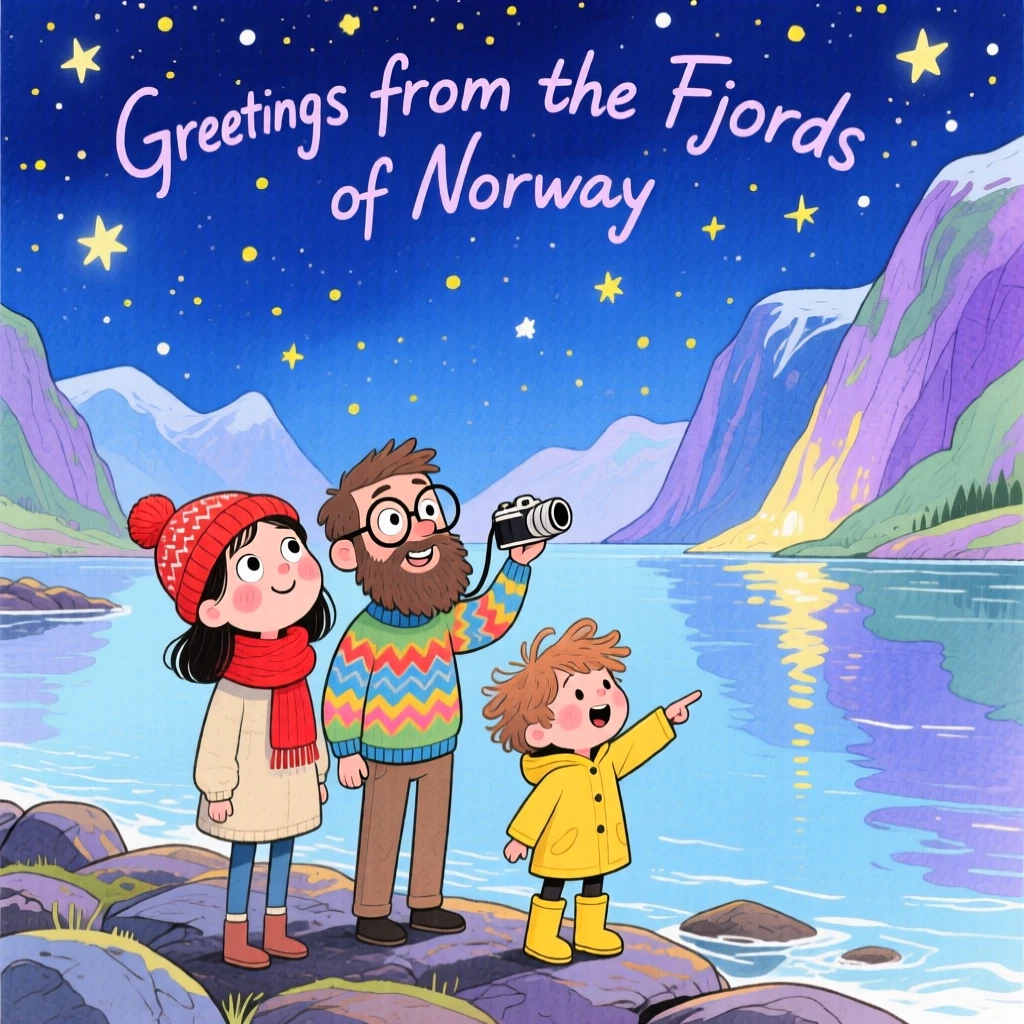 A dreamy travel postcard scene of the fjords of Norway under a starry night sky