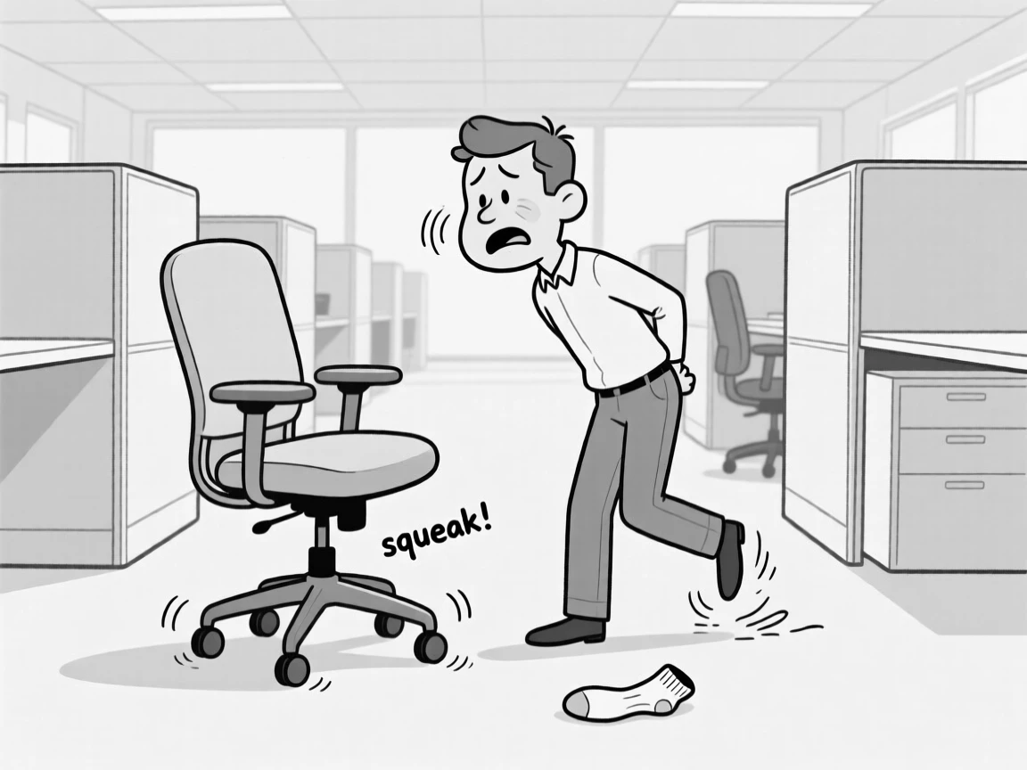 A person trying to act natural after tripping in public, wincing with every single squeak of the wheel, set in a cubicle-filled open office. A single sock lies abandoned nearby. It feels like a meme come to life, equal parts cringe and charm.