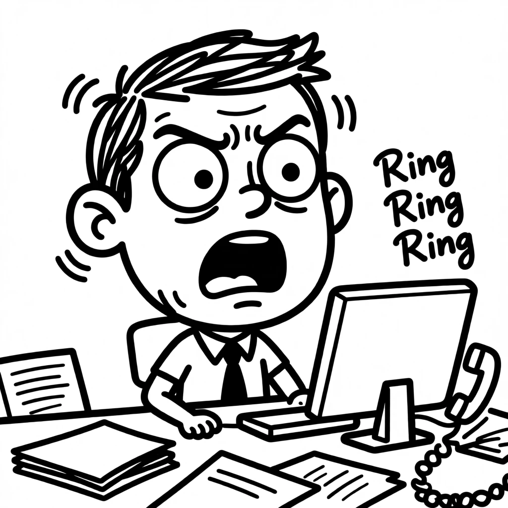 A new employee overwhelmed at their desk on the first day, phone ringing off the hook.