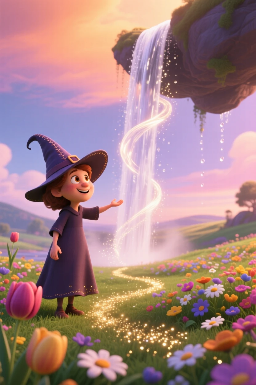 A witch with a pointed hat stands beside a waterfall that flows upward into the sky, floating gently above a field of flowers. The atmosphere feels mystical yet warmly inviting, with a trail of glimmering dust following each step.