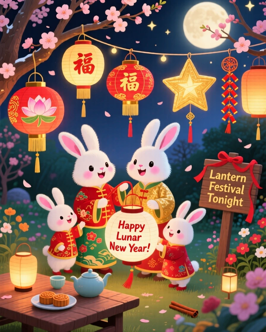 In a lantern-strung garden, a family of snow rabbits celebrate together by hanging paper lanterns for a Lunar New Year celebration, as the scent of cinnamon fills the air.