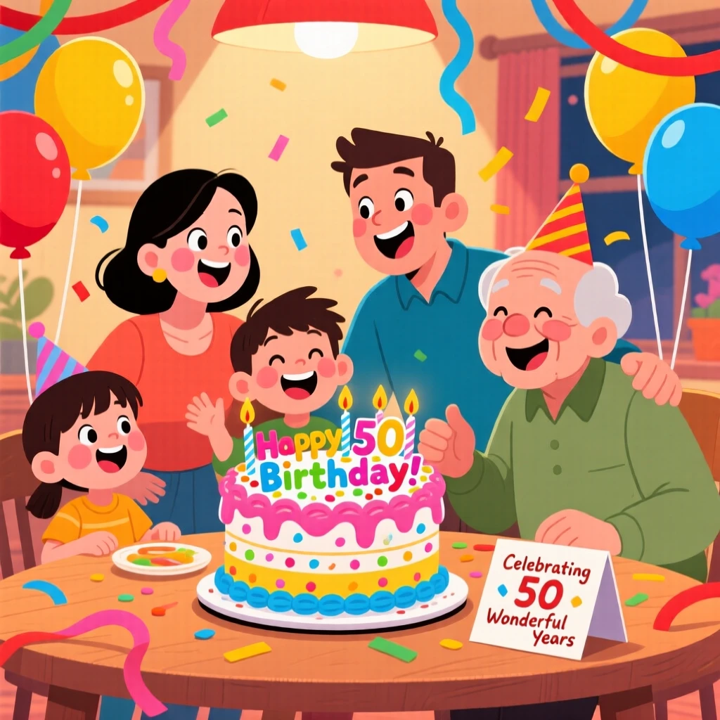 A family sharing a special cake to celebrate a milestone birthday.