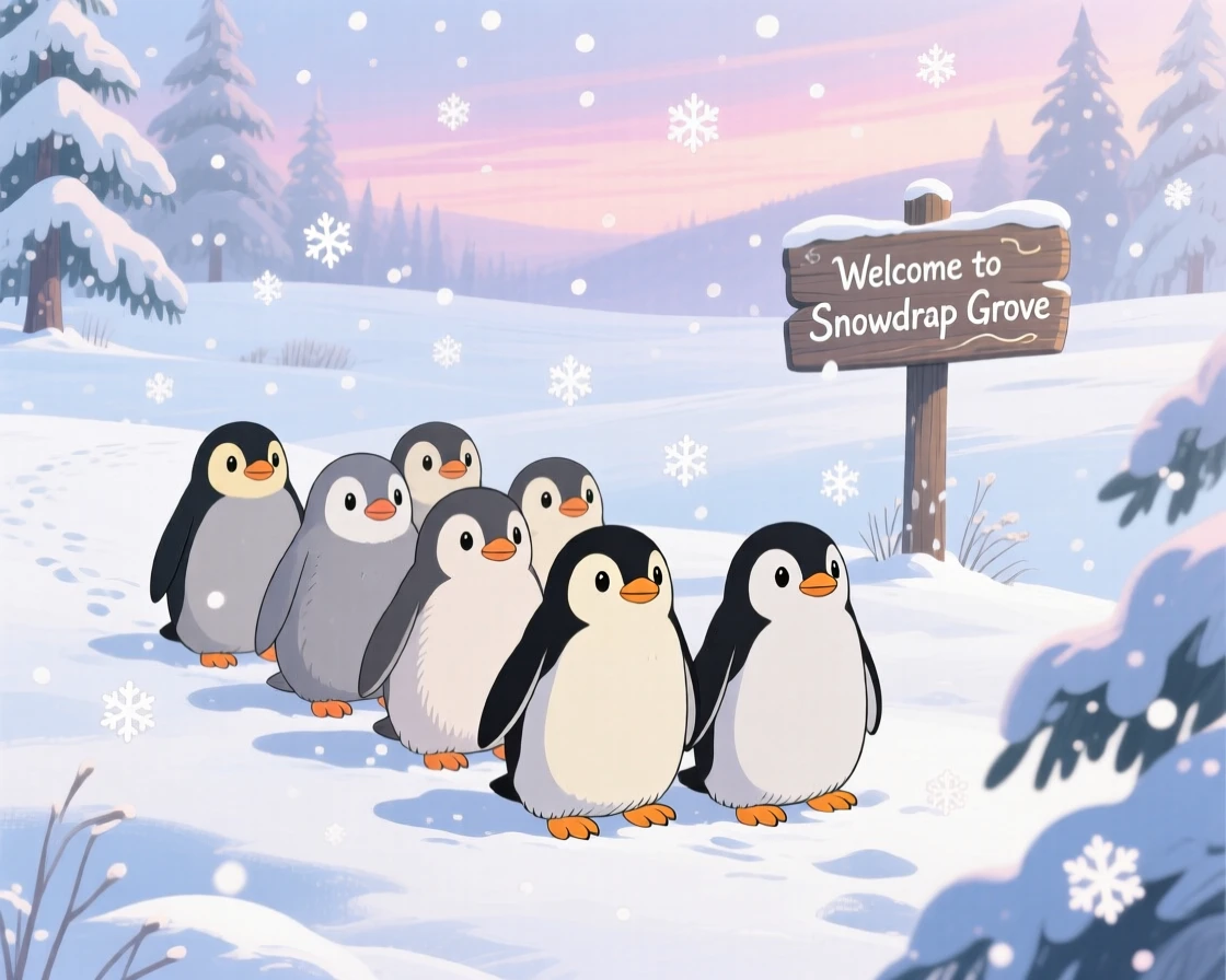 A group of penguins waddling across snow, as gentle snow drifts down around it, radiating pure charm.