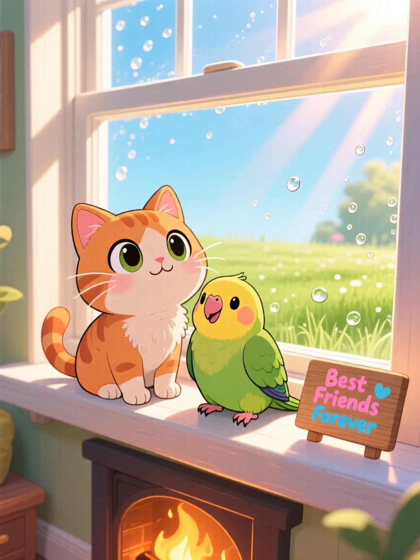 Low-angle shot looking up: a cat and a parakeet, becoming unlikely best friends on a windowsill, set against a bright sunny room as morning dew glistens on the grass, with cozy firelight and a mood of quiet contentment.
