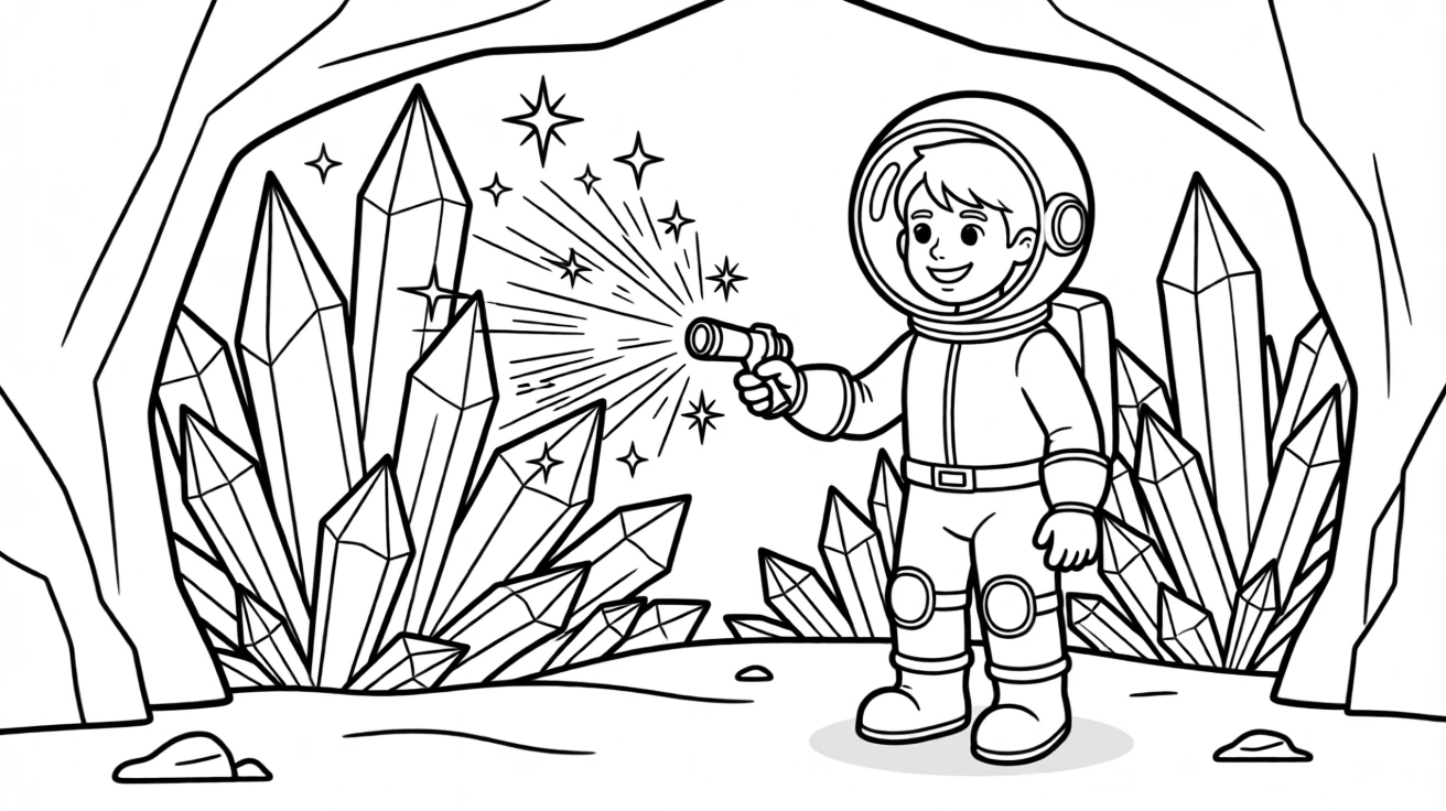 A space explorer discovering a cave of glittering ice crystals