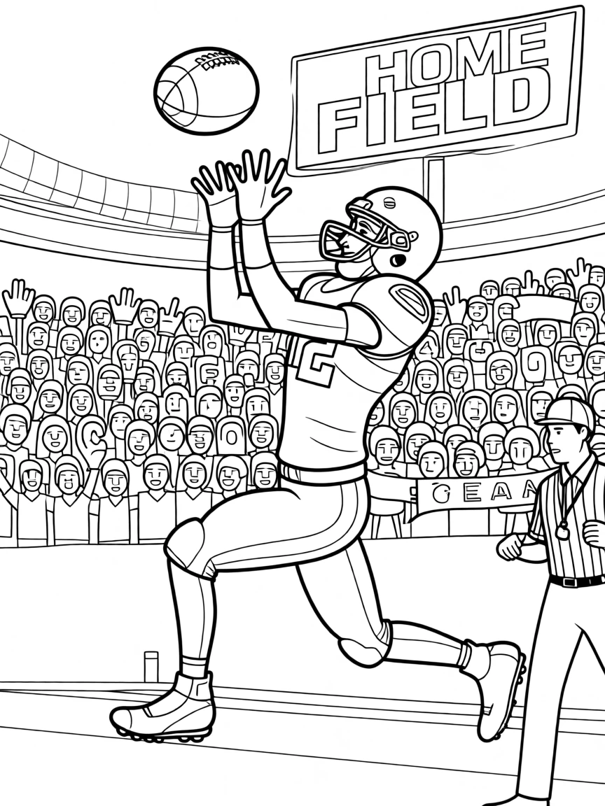 A football player catching a pass mid-air, with a stadium crowd cheering in the background.
