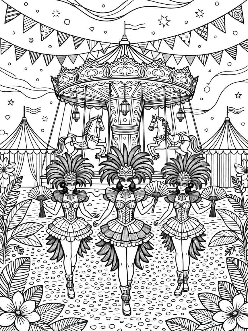 A carnival celebration with elaborate costumes and confetti.