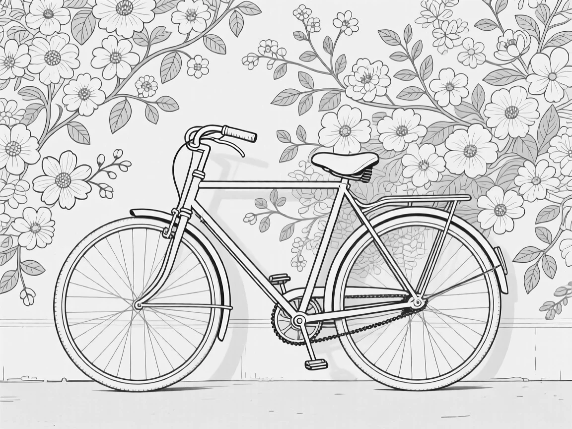 A vintage bicycle leaning against a flower-covered wall