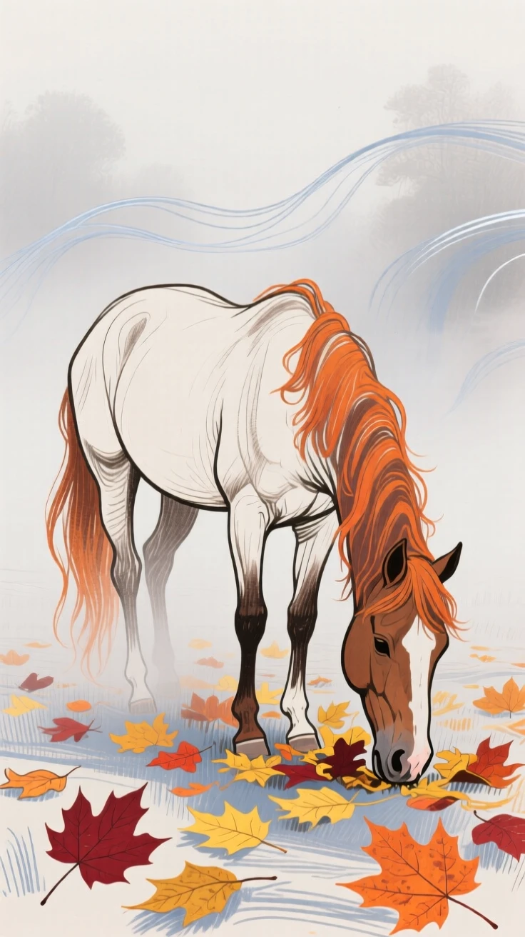 A grazing horse playing among autumn leaves as fog rolls in.