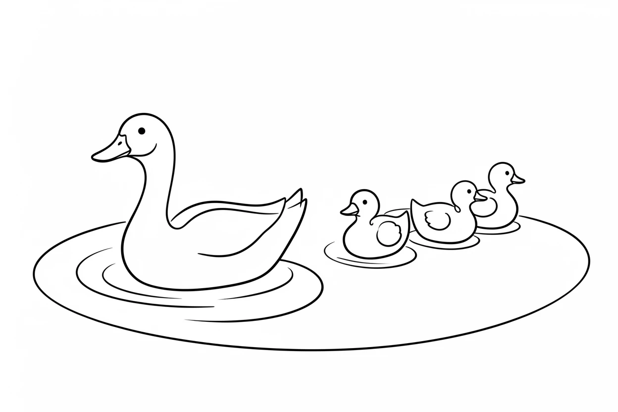 A group of ducklings following their mother across a backyard pond