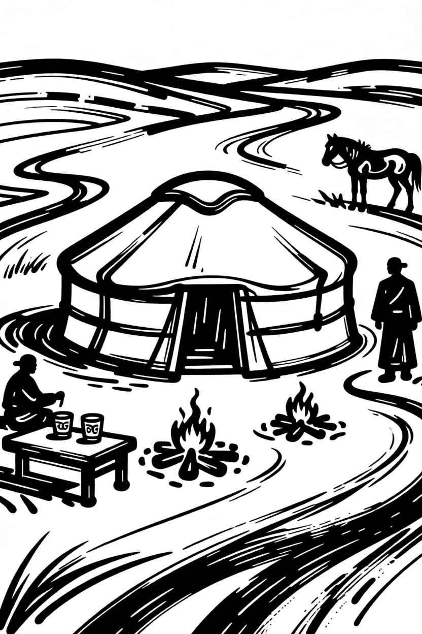 A traditional Mongolian nomad family camp with a ger tent on the steppe.