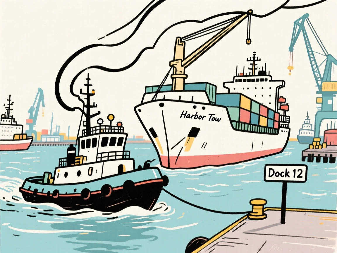 A tugboat guiding a large cargo ship into a busy harbor.