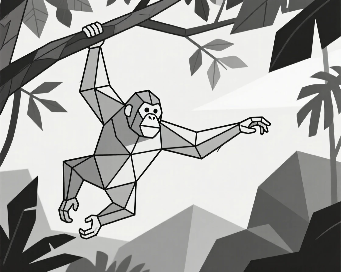 An orangutan swinging through jungle canopy
