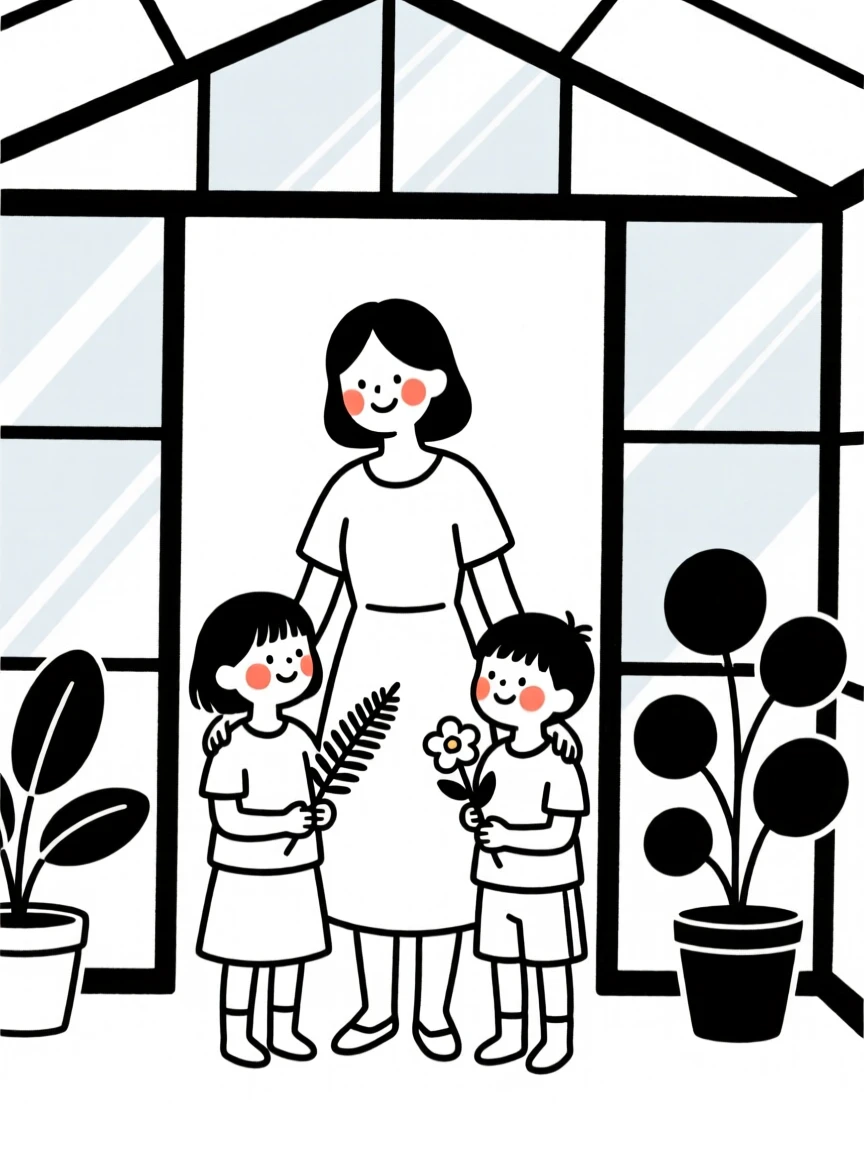 A mother and her children gathering for a summer reunion, in a botanical garden greenhouse.