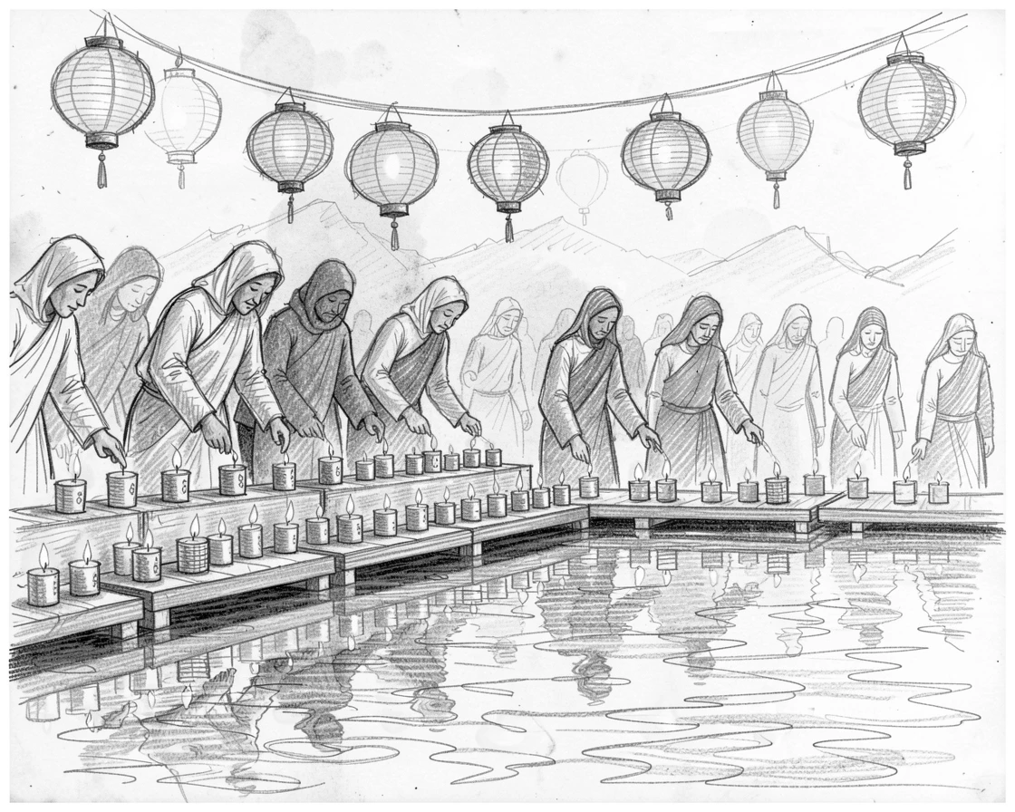 A vibrant cultural scene of pilgrims lighting rows of small candles beneath strings of glowing lanterns, with reflections shimmering on calm water.