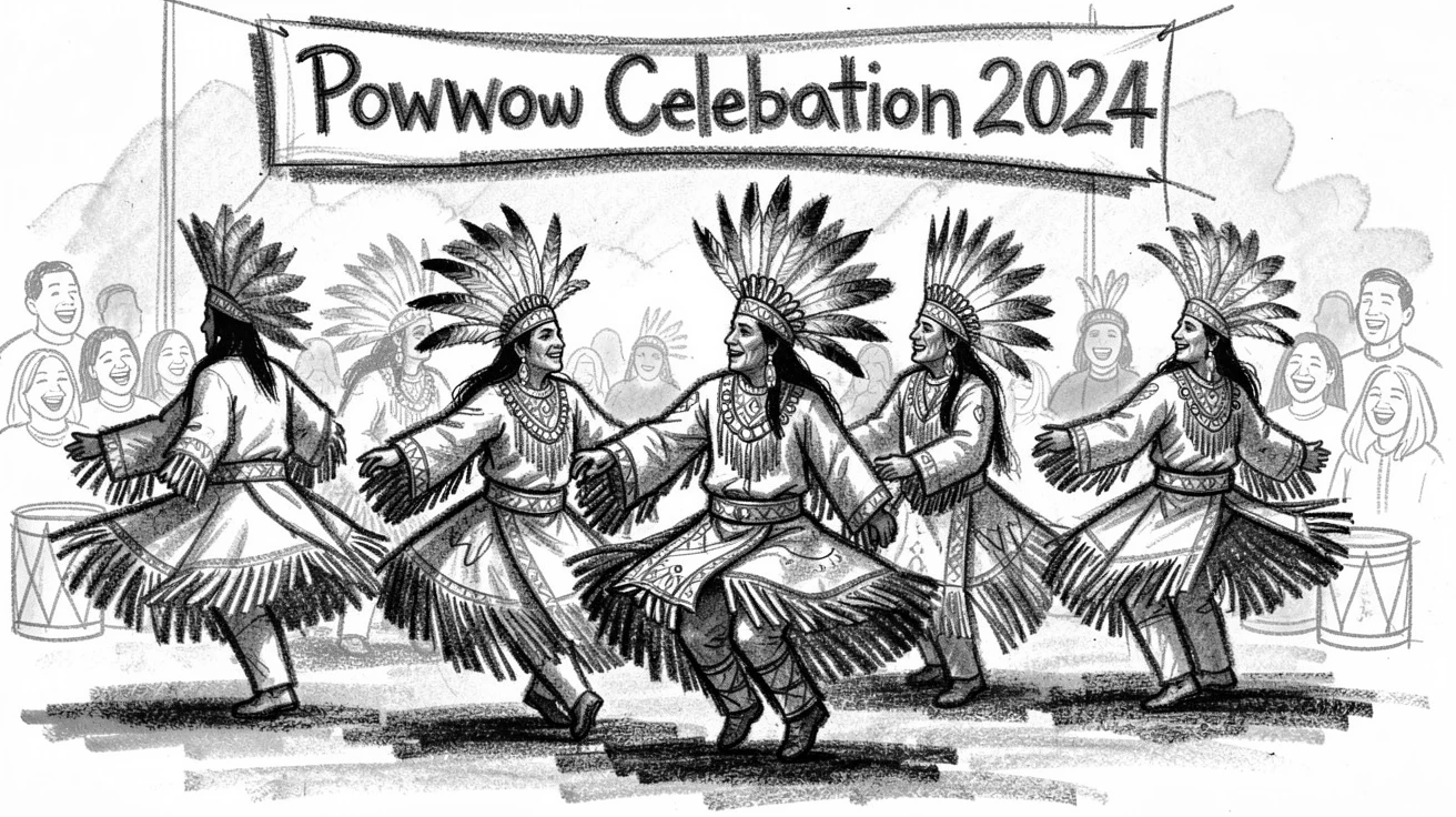 A Native American powwow with dancers in full regalia, as laughter fills the air around them.