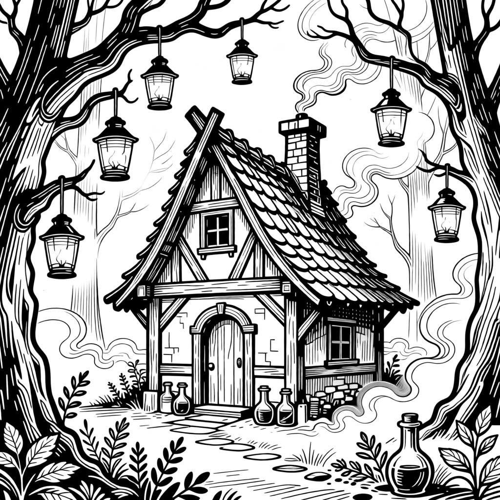 A witch's cottage surrounded by glowing lanterns and swirling mist.