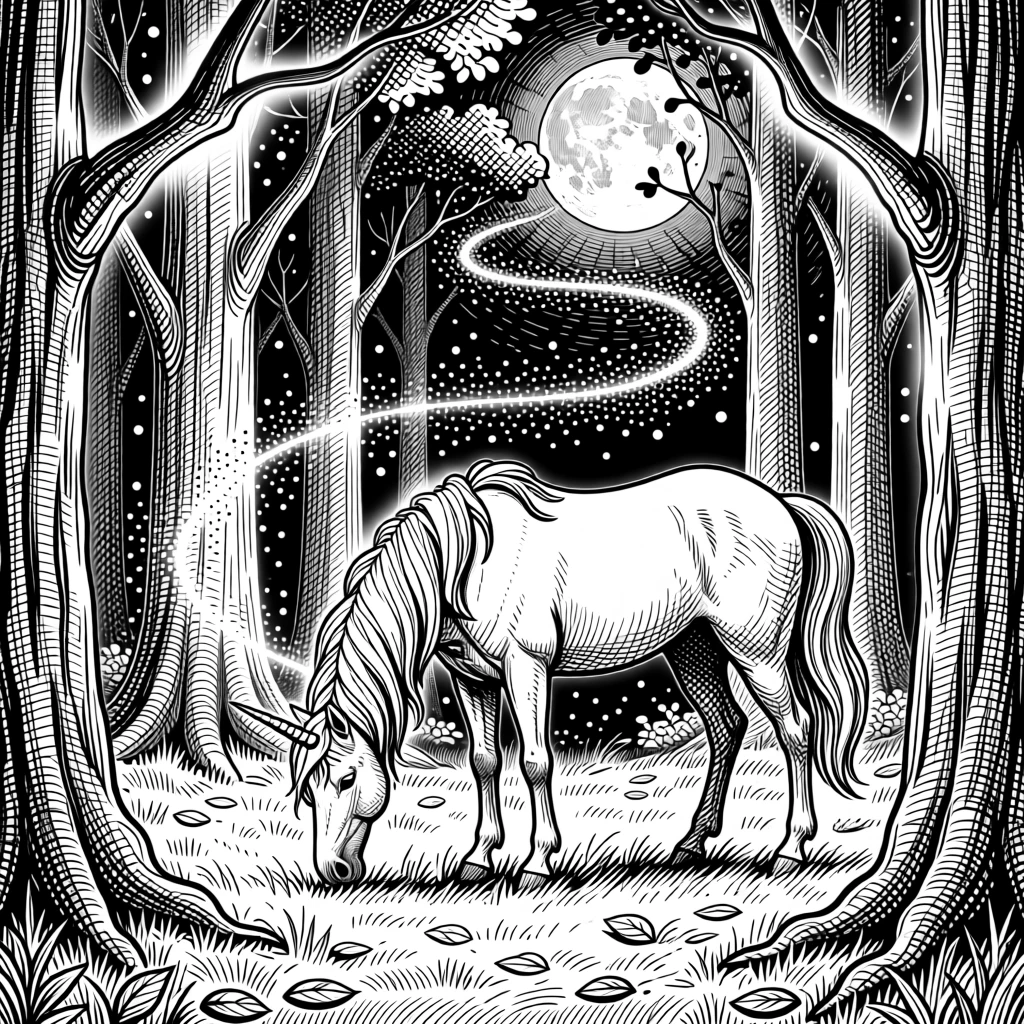 A unicorn grazing in a moonlit clearing within a forest of towering luminous trees, with a trail of glimmering dust in the air, forming a richly imaginative fantasy scene.