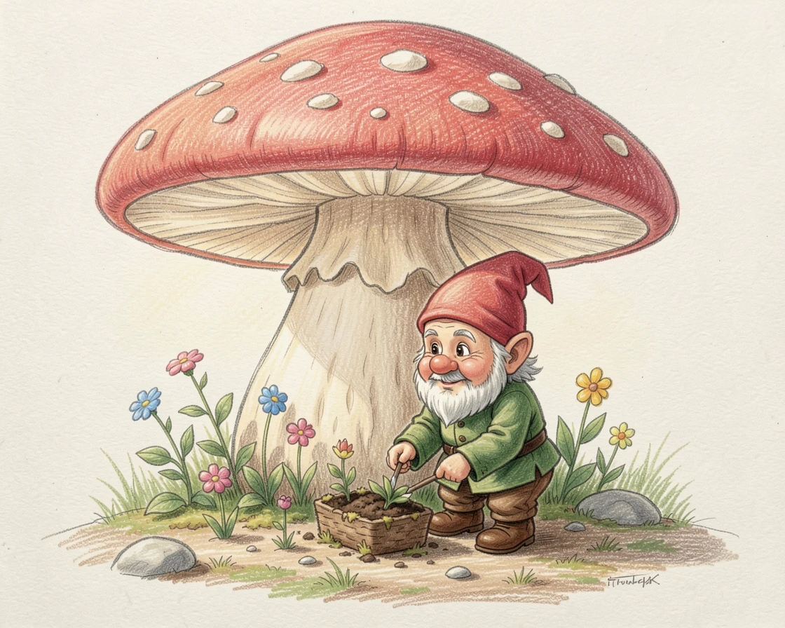A gnome tending a tiny garden beneath a giant toadstool, with soft, natural light bringing warmth to every detail, celebrating a moment people would love to revisit.