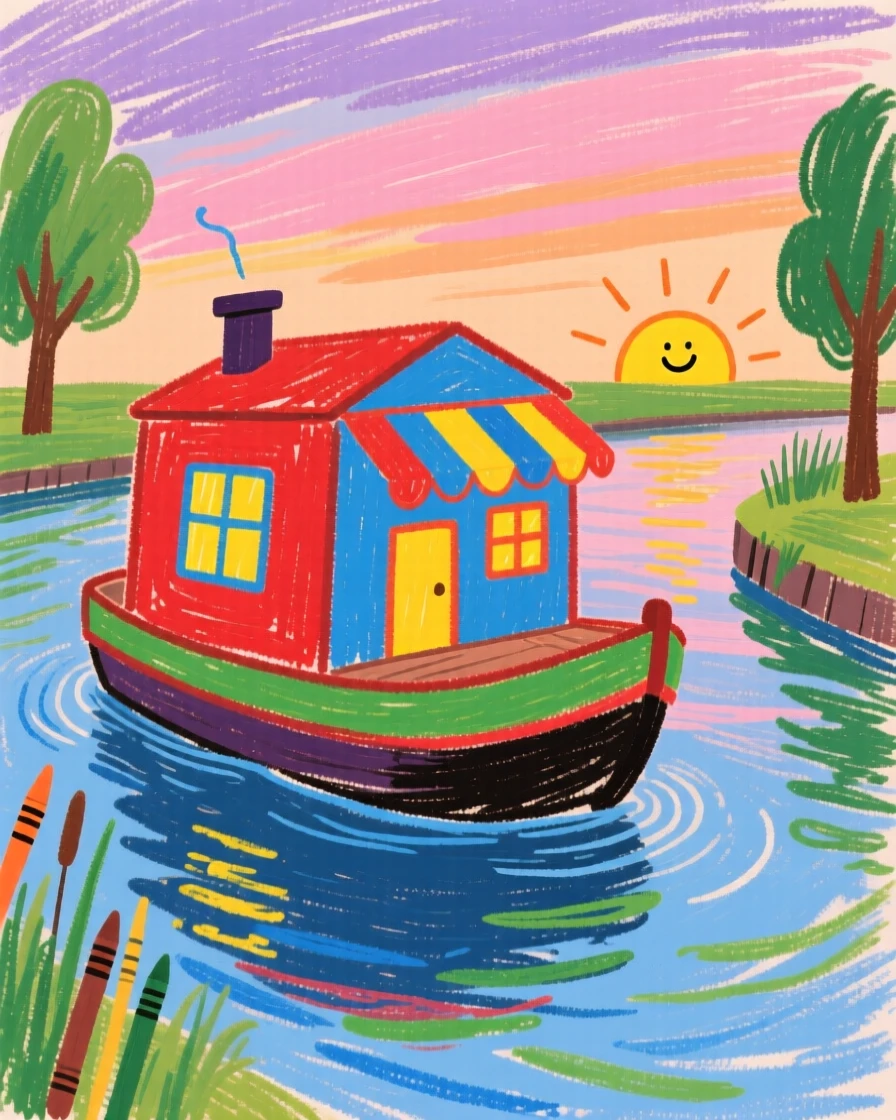 A colorful houseboat floating on a calm canal at dusk.