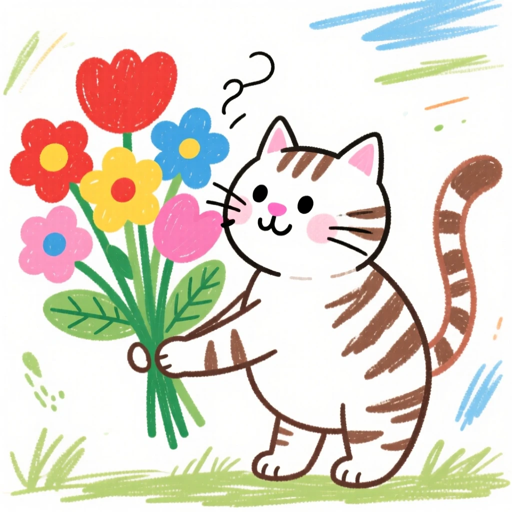 A playful tabby cat sniffing a bouquet of fresh flowers.