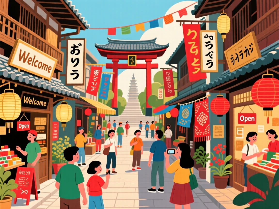 A colorful street lined with traditional lantern-lit shops, surrounded by vibrant local color and charm, framed to highlight the destination's unique character, with a joyful, adventurous atmosphere.