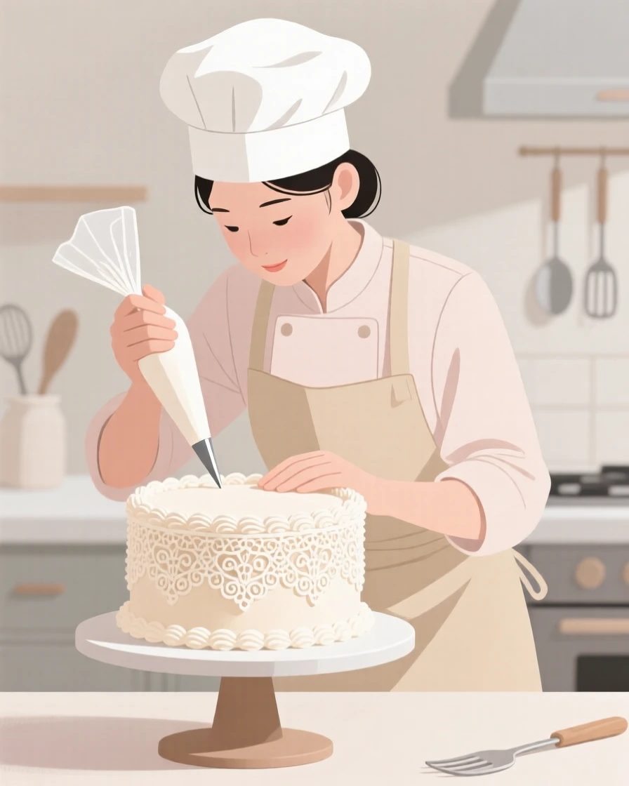 A baker decorating a cake with intricate icing designs.