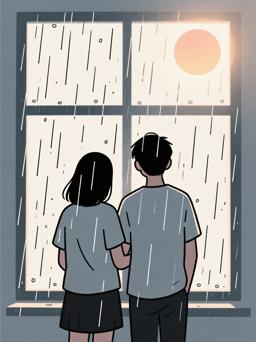 A pair of best friends standing in a rain-streaked window, embodying a feeling of hopeful longing, with fading sunlight nearby.