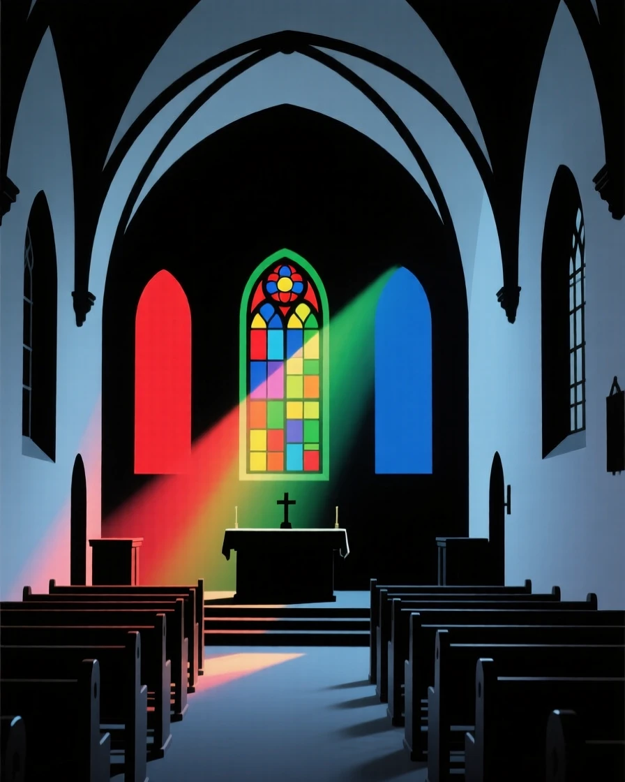 A quiet chapel interior lit by a single shaft of colored light.