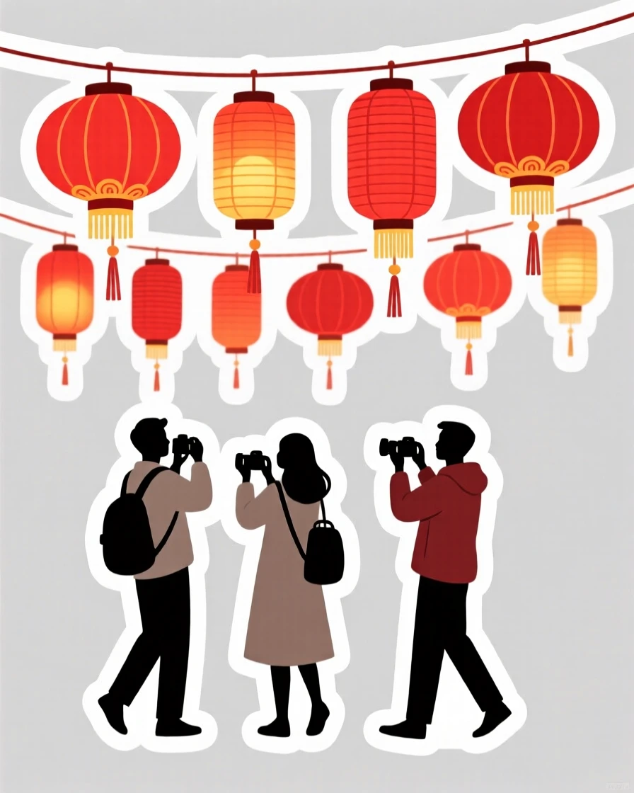 A postcard-perfect Chinese red lantern festival scene, captured during a festive celebration, as travelers pass by with cameras ready.