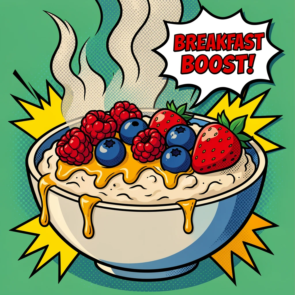 A steaming bowl of oatmeal topped with fresh berries and honey