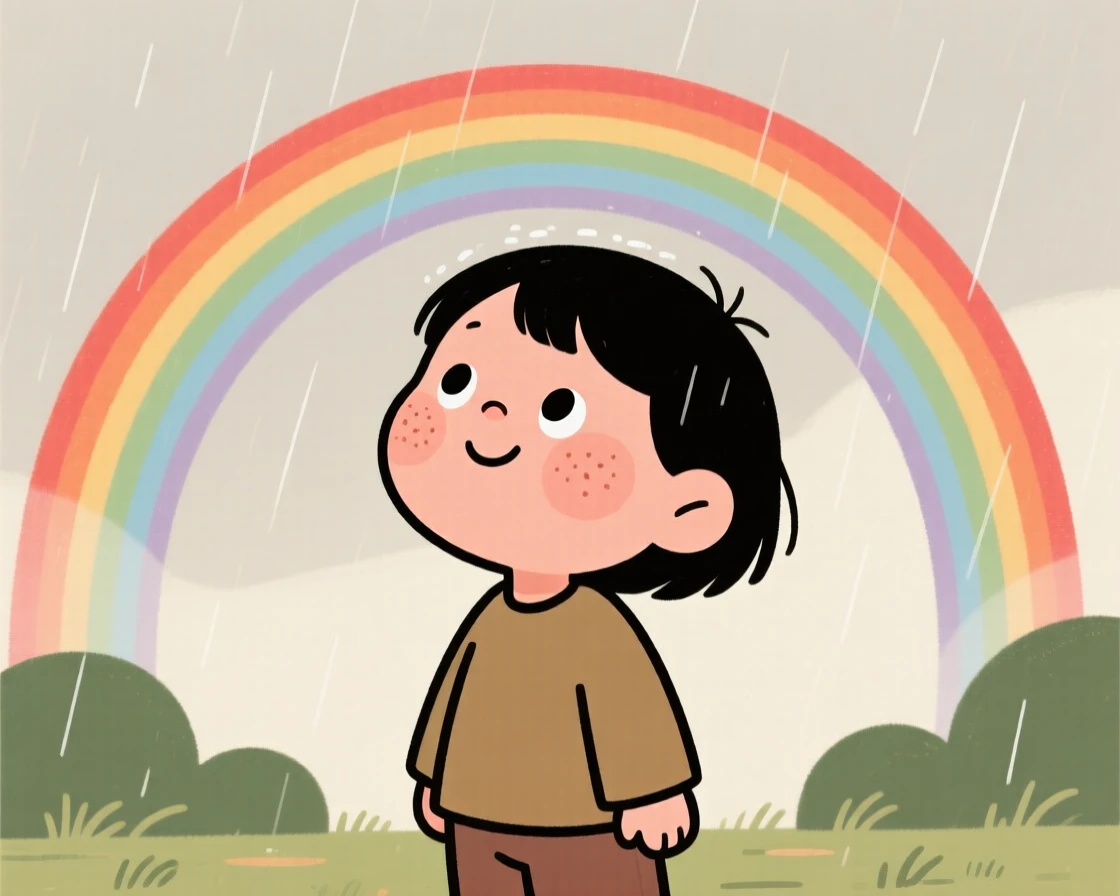 A young child looks up in quiet wonder at a rainbow after the rain, a soft smile spreading across their face as a feeling of gratitude settles over the scene.