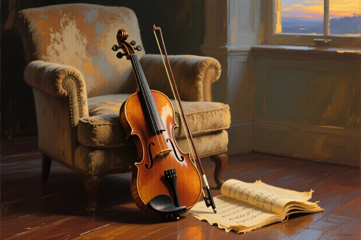 A close-up portrait of a violin leaning against a worn armchair beside sheet music, at twilight.