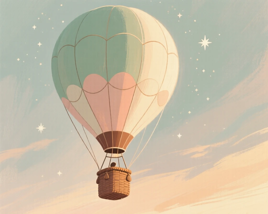 A hot air balloon rising toward a sky scattered with distant stars