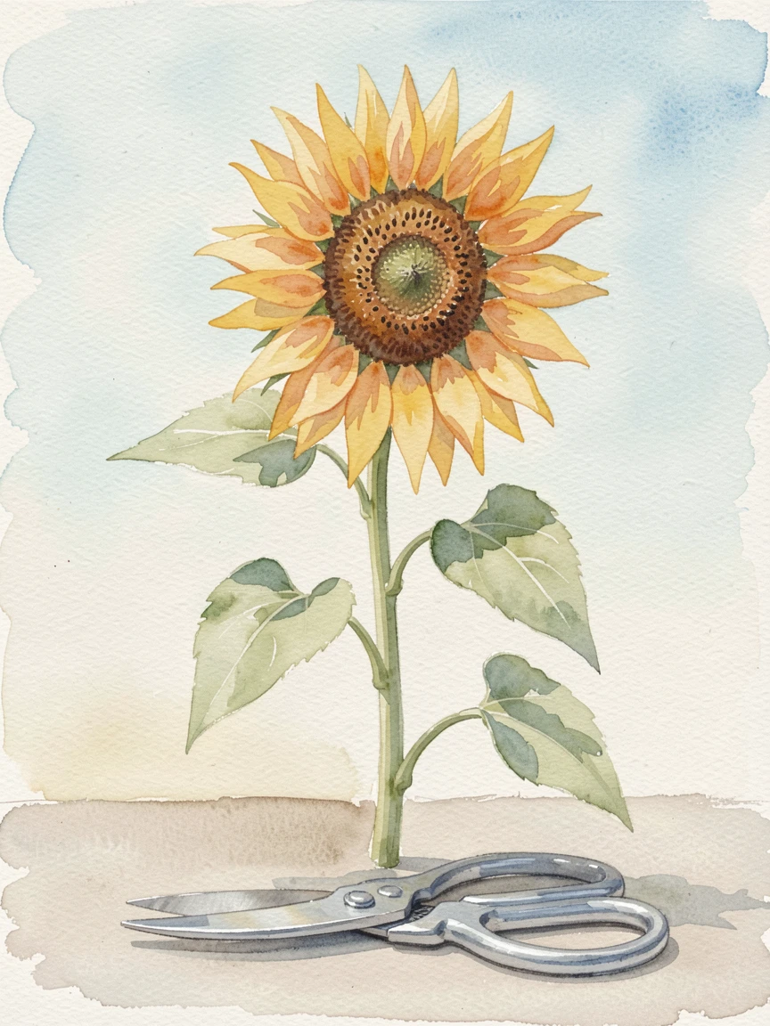 A single sunflower against a bright sky against a soft neutral backdrop with a pair of garden shears nearby.