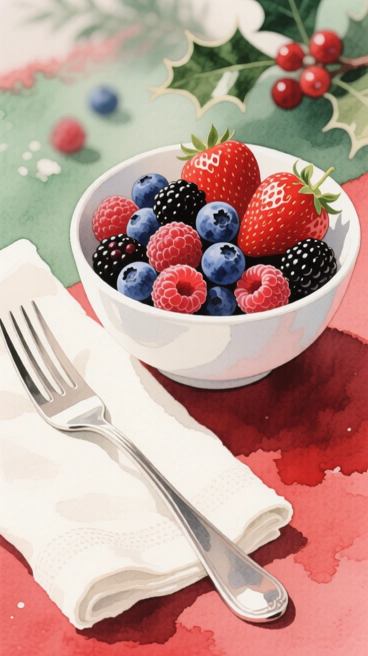 A bowl of fresh berries sits beside a linen napkin and silver fork at a festive holiday table, arranged beautifully for a delightful meal